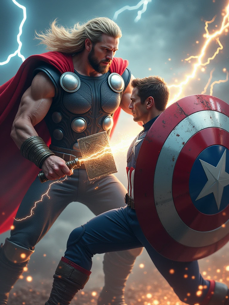 Thor strikes with Mjolnir on Captain America's shield