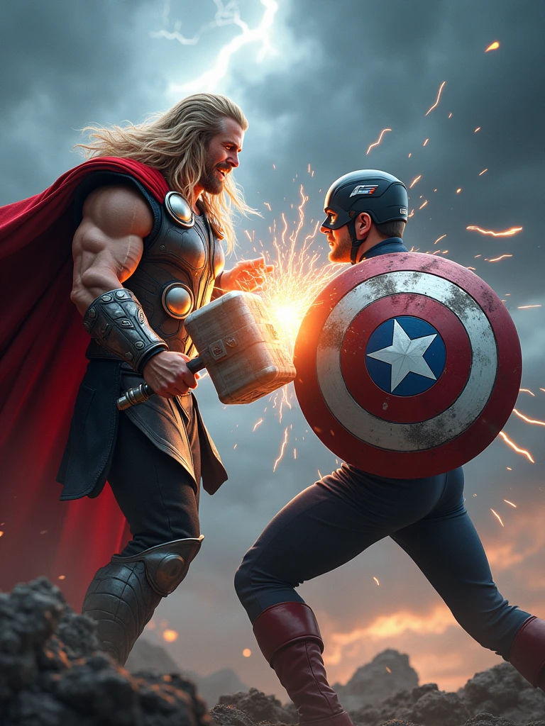 Thor strikes with Mjolnir on Captain America's shield