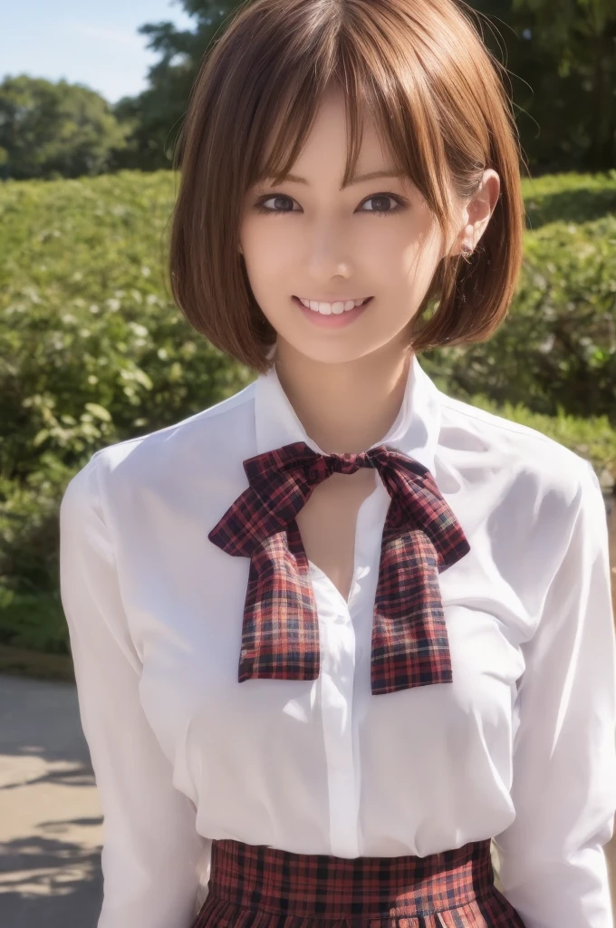 (masterpiece:1.2, top-quality), (realistic, photorealistic:1.4), beautiful illustration, (natural side lighting, movie lighting), 
looking at viewer, cowboy shot, front view, 1 girl, japanese, high school girl, perfect face, cute and symmetrical face, shiny skin, ((Browsing Caution))、
(short hair:1.2, bob cut:1.2, silver hair, hair tied in a bun with a hair clip), pink eyes, (large breasts:0.6, seductive thighs), 
beautiful hair, beautiful face, beautiful detailed eyes, beautiful clavicle, beautiful body, beautiful chest, beautiful thigh, beautiful legs, beautiful fingers, 
((white blouse shirt, tartan checked pleated skirt, ribbon tie)), 
(beautiful scenery), evening, riverside, (smile:1.5, open mouth), 