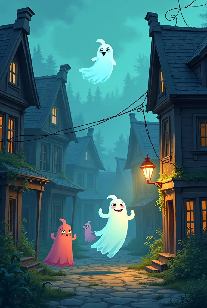 Create an abandoned village with ghosts as if they were animated cartoons