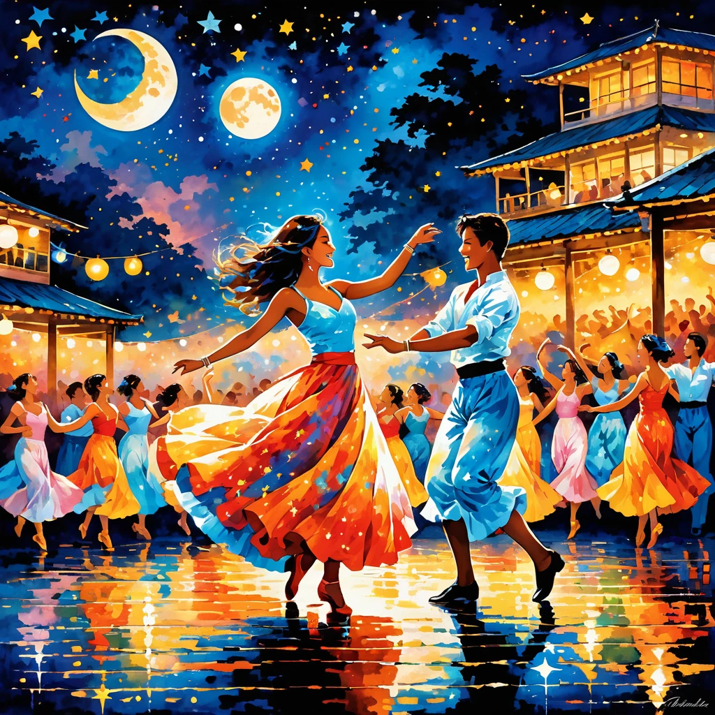 A festive and energetic scene depicting a night of dancing under a moonlit sky. The scene is set outdoors with the moon shining brightly, casting a soft glow on the dancers. Stars twinkle above as a diverse group of people dance with joy and enthusiasm. The atmosphere is lively and colorful, with a blend of warm and cool tones reflecting the energy and passion of the dance. The dancers are expressive and dynamic, capturing the spirit of the night and the rhythm of the music. The image conveys a sense of unity and celebration