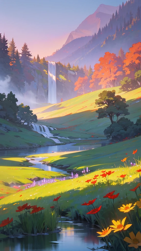 A serene landscape showcasing the beauty of untouched nature: a crystal-clear lake reflecting the vibrant colors of a sunset sky, with hues of orange, pink, and purple. Majestic mountains in the background are partially covered in lush green forests and capped with snow. The foreground features a meadow filled with wildflowers of various colors, including purple lupines, yellow daisies, and red poppies. A gentle waterfall cascades down from the mountains into the lake, creating a soft mist. The scene is illuminated by the warm, golden light of the setting sun, casting long shadows and a peaceful glow over the entire landscape."