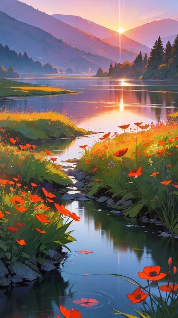 A serene landscape showcasing the beauty of untouched nature: a crystal-clear lake reflecting the vibrant colors of a sunset sky, with hues of orange, pink, and purple. Majestic mountains in the background are partially covered in lush green forests and capped with snow. The foreground features a meadow filled with wildflowers of various colors, including purple lupines, yellow daisies, and red poppies. A gentle waterfall cascades down from the mountains into the lake, creating a soft mist. The scene is illuminated by the warm, golden light of the setting sun, casting long shadows and a peaceful glow over the entire landscape."