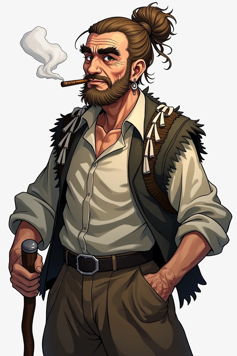 character, old man, Many wrinkles, brown hair tied up, Skinny body, imposing, dangling earring on her ear, totally black eyes, short beard, bushy eyebrows, cigar in his mouth, scar on his shoulder, wide wool trousers, white ribbons on her waist, wool vest, staff on his back, anime, 4k, White background