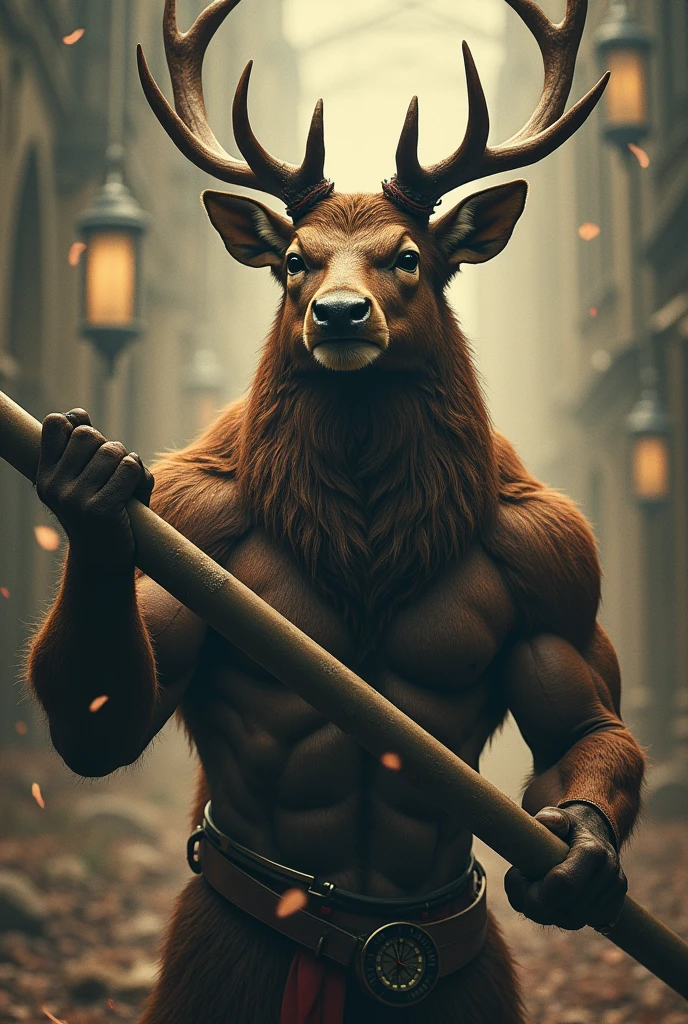 A powerful deer holding a steel pipe, one hand pointing at a clock, detailed intricate fur, realistic high definition, cinematic lighting, vibrant colors, dramatic composition, photorealistic, 8K, best quality, masterpiece