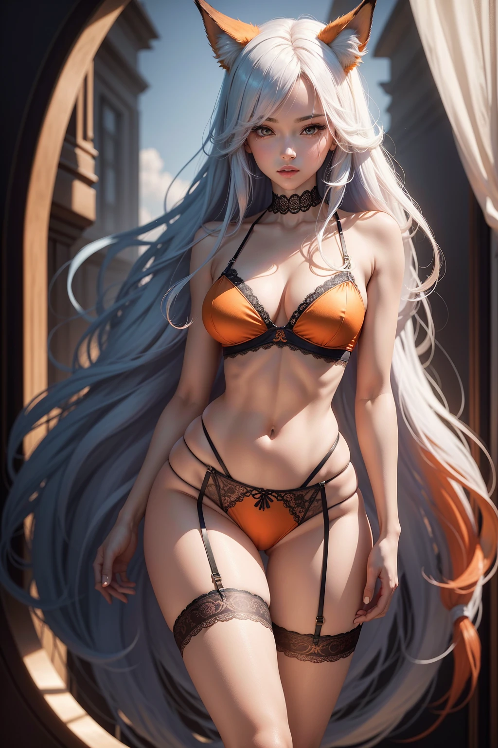 best quality image，Super Meticulous，realistic and delicate，A high resolution，expensive hair, long orange hair, dynamic angle，Dynamic posture，1 character，long blue hair, BLU HAIR, LONG BLUE HAIR，fox eyes，sky blue lingerie underneath，Sky blue lace thong panties，There are fox ears on top of the head，Soft, white long legs，bare-legged，standing, STANDING UP, standing，Female pervert，Charming appearance，Sexy and charming，good figure，jade foot，sensuous, SEMINUA, STAND UP, garter belt lingerie, LACE LINGERIE WITH BANDAGES, RED LINGERIE WITH BANDAGES. RED LINGERIE WITH GOLDEN DETAILS