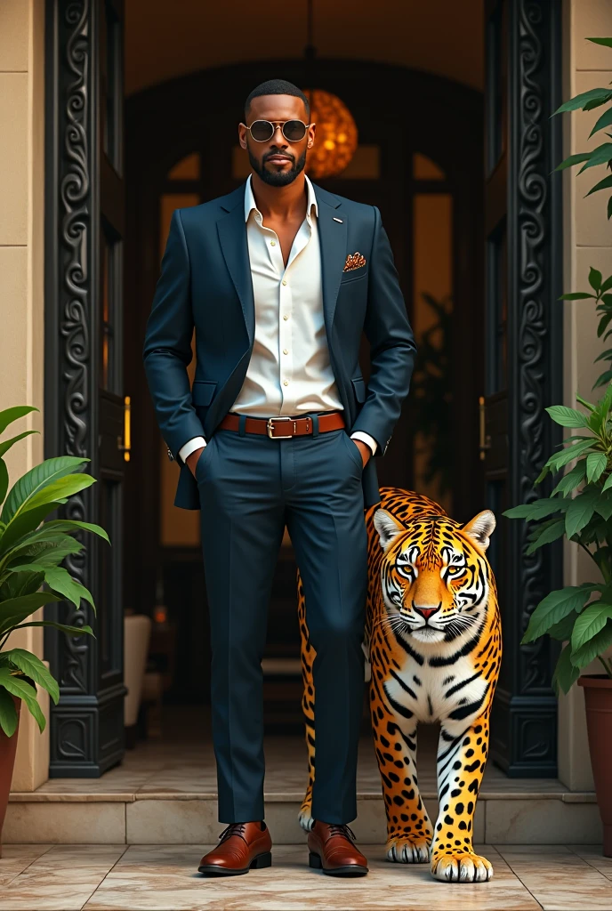 A Brazilian at the door of his house with his beautiful jaguar with a touch of egocentrism 