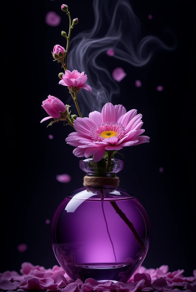 purple perfume with floral aroma and black background and swirl of flowers