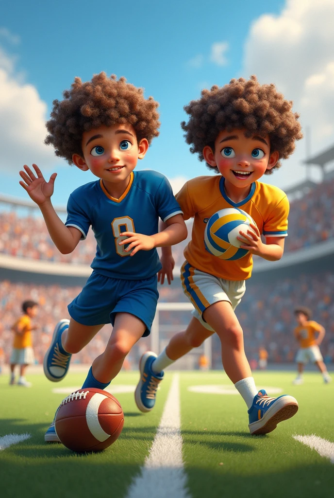 Male twins, with curly hair and blue eyes, one playing American football and the other playing volleyball