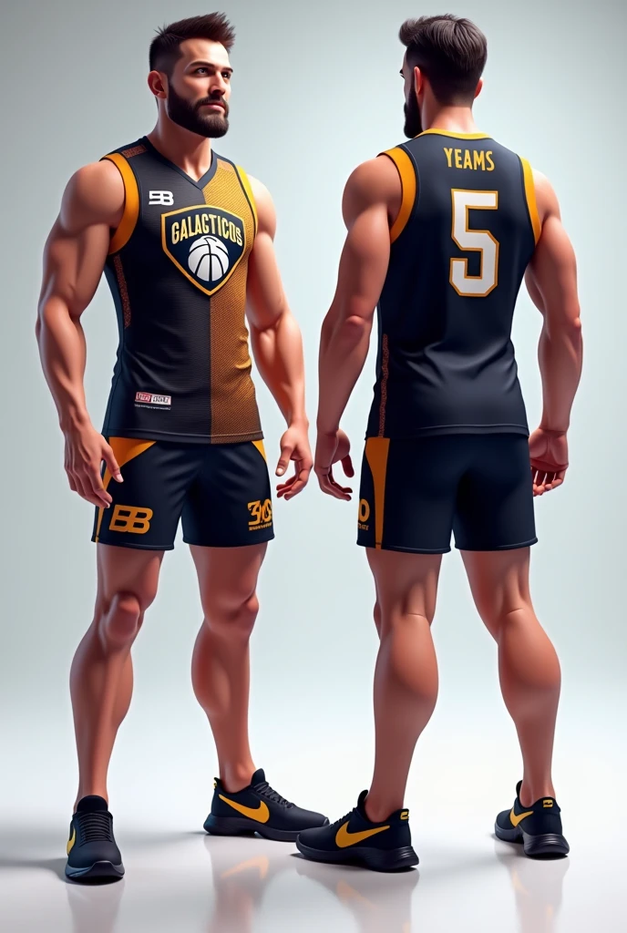 Model of a sleeveless volleyball shirt with shorts showing front and back, a shield with a volleyball with the words galacticos written on it and 5 sponsors and matching colors