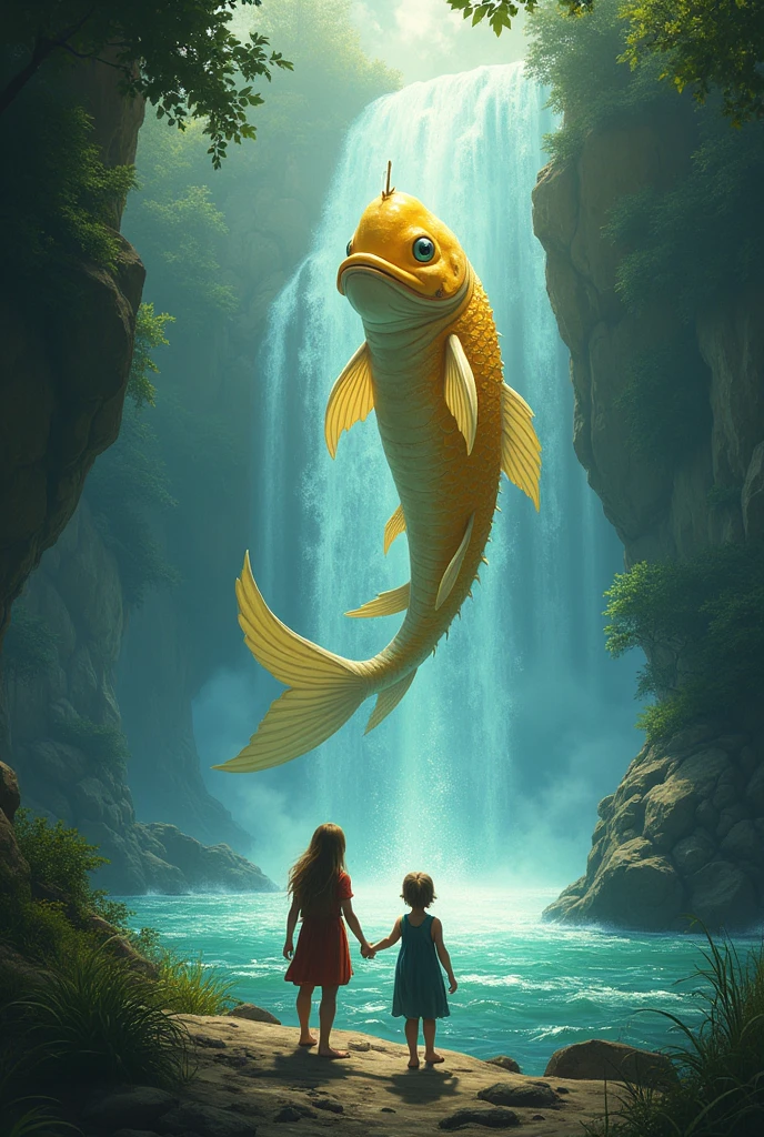 Following the trail, Pedro and Laura arrived at a sparkling river, guarded by a golden elder fish, of humanoid structure.
The fish challenged them to a riddle to cross the river.
With the help of the clues left by their songs, Laura managed to solve the riddle, and John led them safely across the magic river.