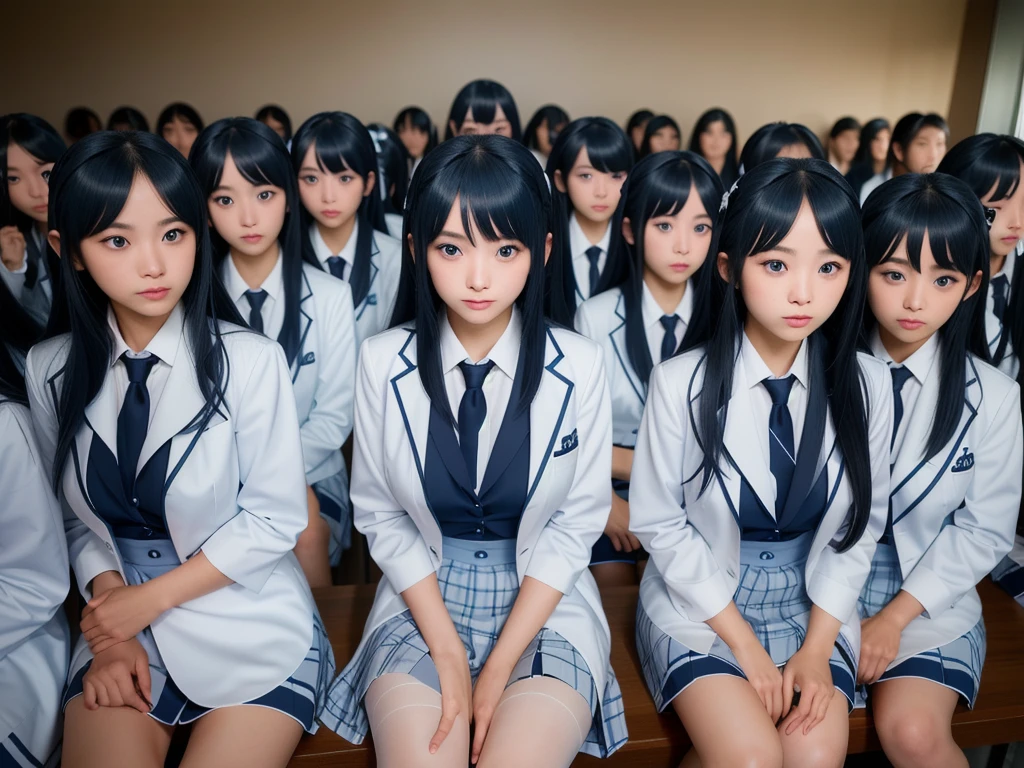 (((Clone Art、Very detailed depiction of a female avatar、8k: 1.5)))、Realistic、(())、((日本人のhigh school girl))、high school girl、((high school girl))、Beauty、woman、((Summer uniform、blue、White shirt、Skirt is light blue、White Pantyhose、Black leather shoes: 1.9))、((Black Hair、ponytail、Japan Eyes、smile: 1.9))、Beautiful Skin、Big Breasts、((There are many cloned humans who have the exact same face and body shape as the high school girl: 1.8))、Enclosure、数万人のhigh school girl、Standing、sitting、((crowd、Group、Intensive))、(((top view)))