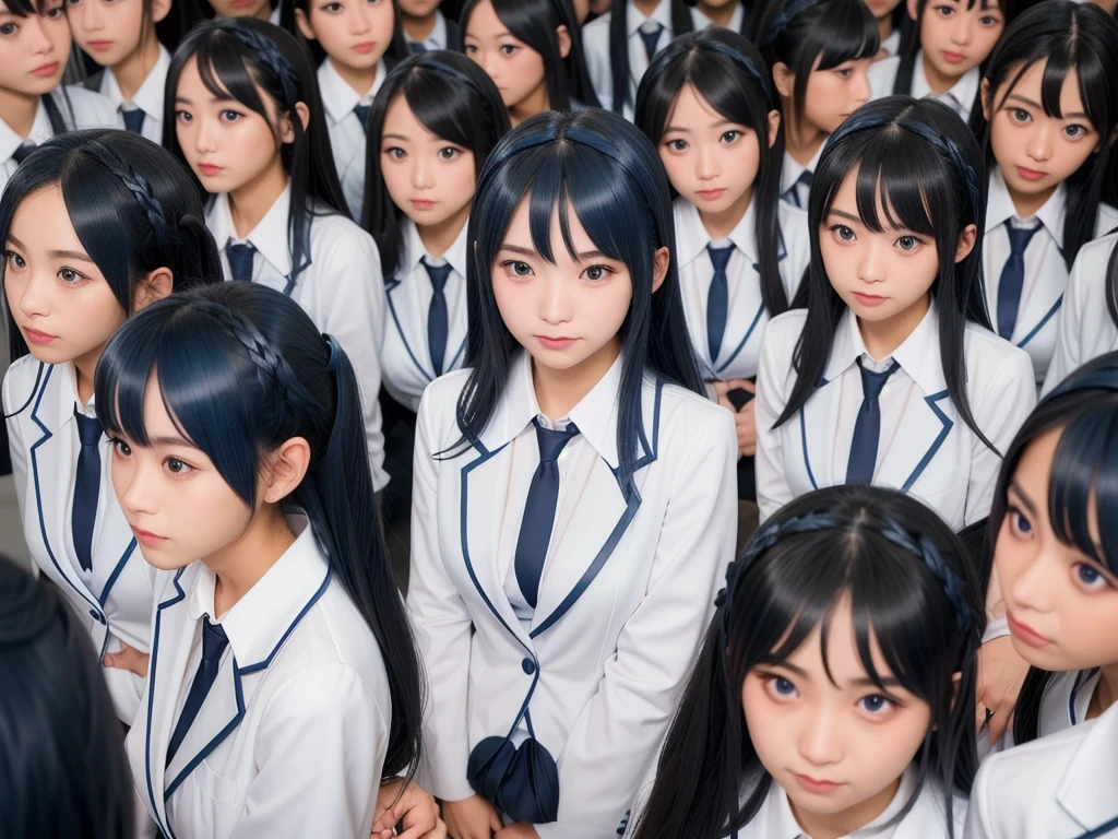 (((Clone Art、Very detailed depiction of a female avatar、8k: 1.5)))、Realistic、((16 years old))、((日本人のhigh school girl))、high school girl、((high school girl))、Beauty、woman、((Summer uniform、blue、White shirt、Skirt is light blue、White Pantyhose、Black leather shoes: 1.9))、((Black Hair、ponytail、Japan Eyes、smile: 1.9))、Beautiful Skin、Big Breasts、((There are many cloned humans who have the exact same face and body shape as the high school girl: 1.8))、Enclosure、数万人のhigh school girl、Standing、sitting、((crowd、Group、Intensive))、(((top view)))