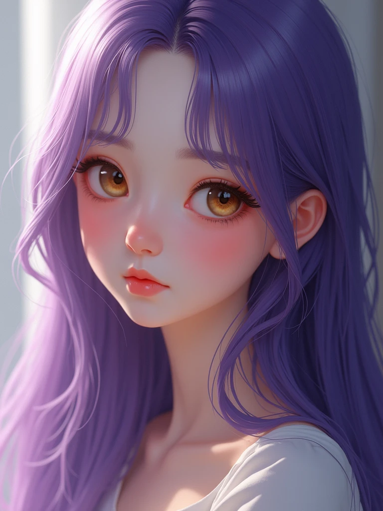 Create an ultra-realistic cute girl with long purple hair, honey-colored eyes, and a light skin tone