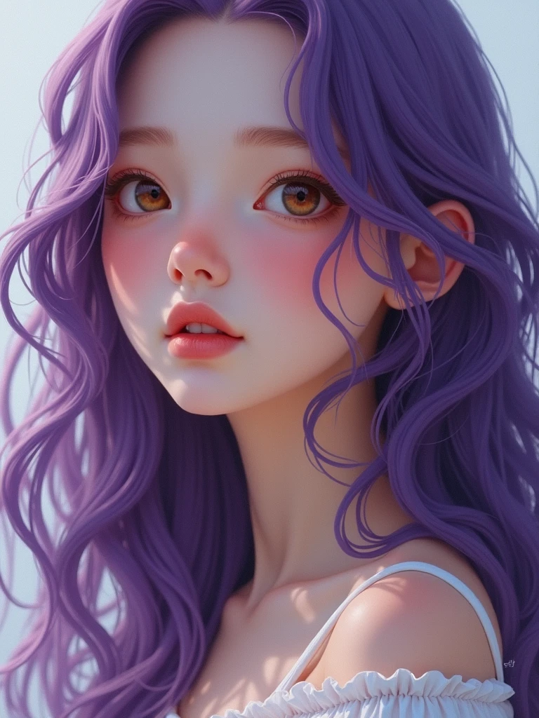Create an ultra-realistic cute girl with long purple hair, honey-colored eyes, and a light skin tone