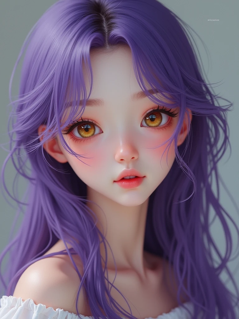 Create an ultra-realistic cute girl with long purple hair, honey-colored eyes, and a light skin tone