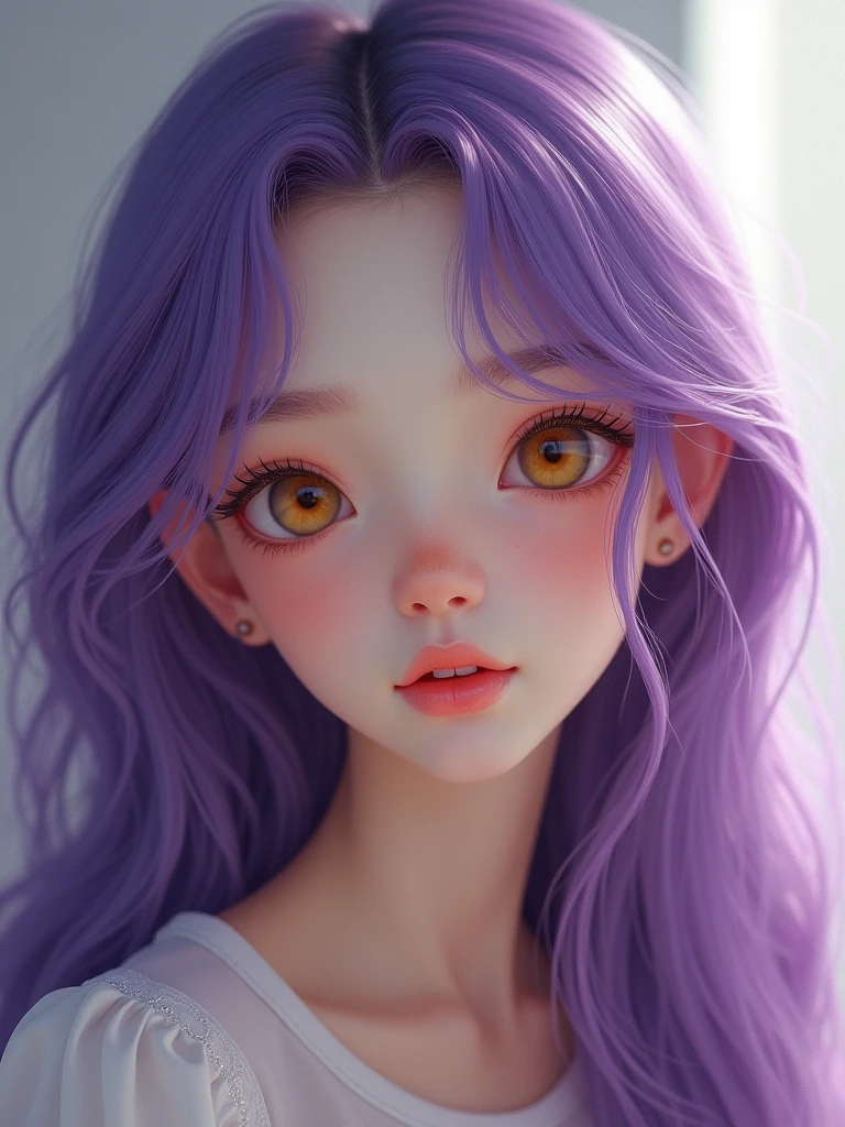 Create an ultra-realistic cute girl with long purple hair, honey-colored eyes, and a light skin tone