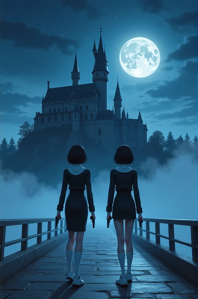 Two girls, yuri, vampire hunters, short black hairs, black suits, white shirts, black pencil skirts, black underpants, black tights, white socks, white sneakers, holding a handguns, long bridge, foggy, light from behind, castle palace from behind, fantastic night sky, moon, novel cartoon, 4K, HD