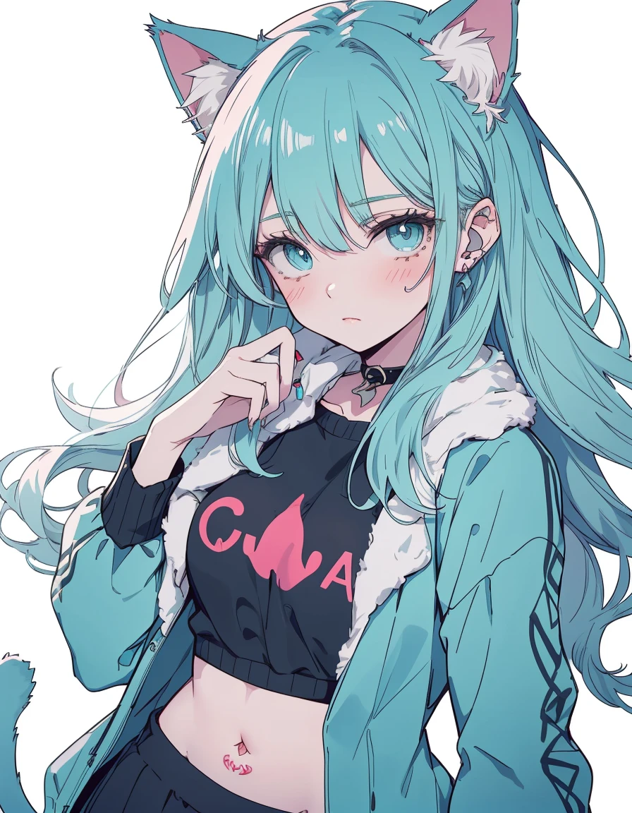 shaded face, jitome, midriff, tattoo, towel body, ((masterpiece, best quality:1.5)), ((Beautiful detailed cat aqua eyes:1.2)), cat ears, pale skin, medium breasts, beautiful hands, beautiful fingers, EasyNegative