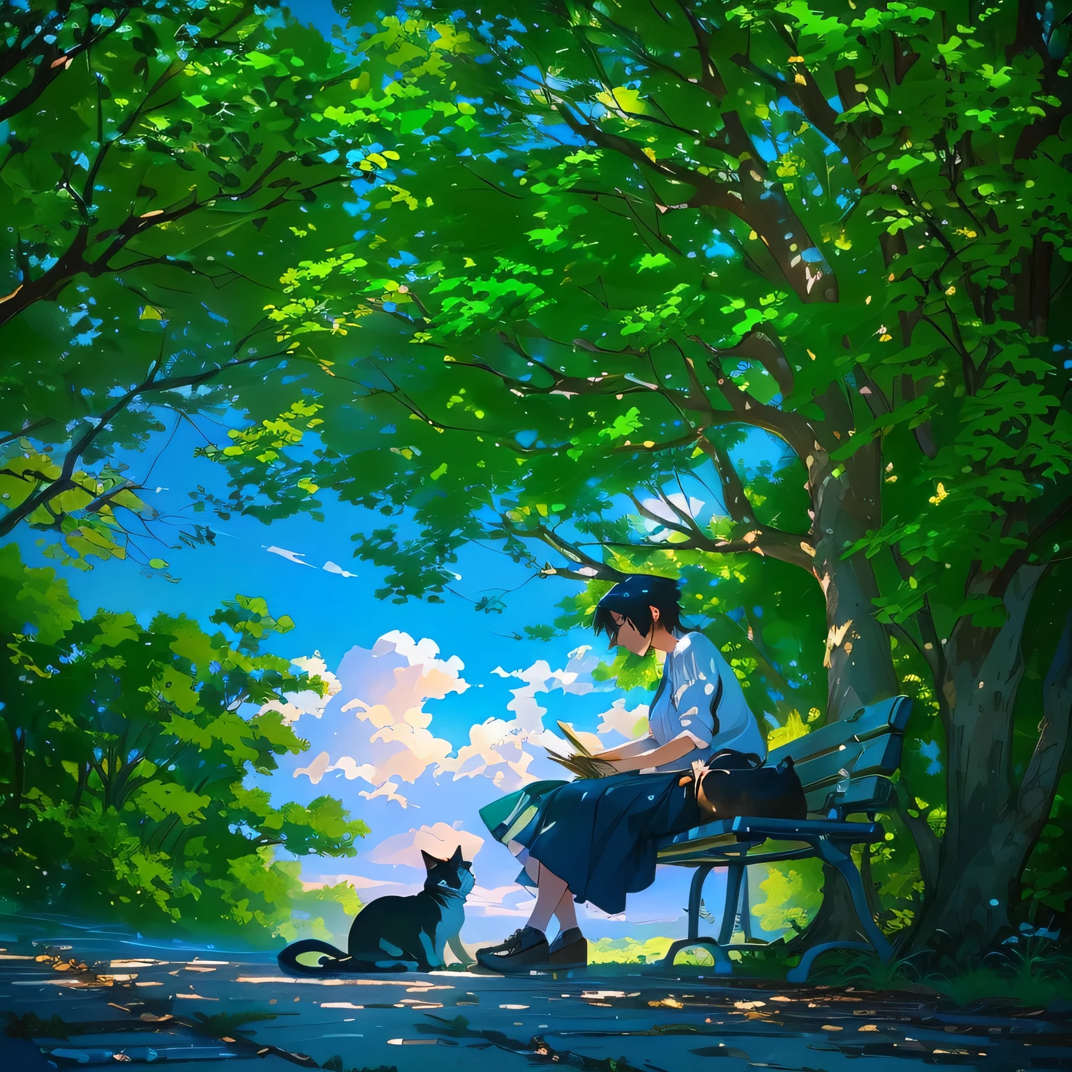 painting of a woman sitting on a bench with a cat, style of makoto shinkai, in style of makoto shinkai, ( ( makoto shinkai ) ), makoto shinkai!, mokoto shinkai, makoto shinkai!!, beautiful anime scene, studio glibly makoto shinkai, makoto shinkai cyril rolando