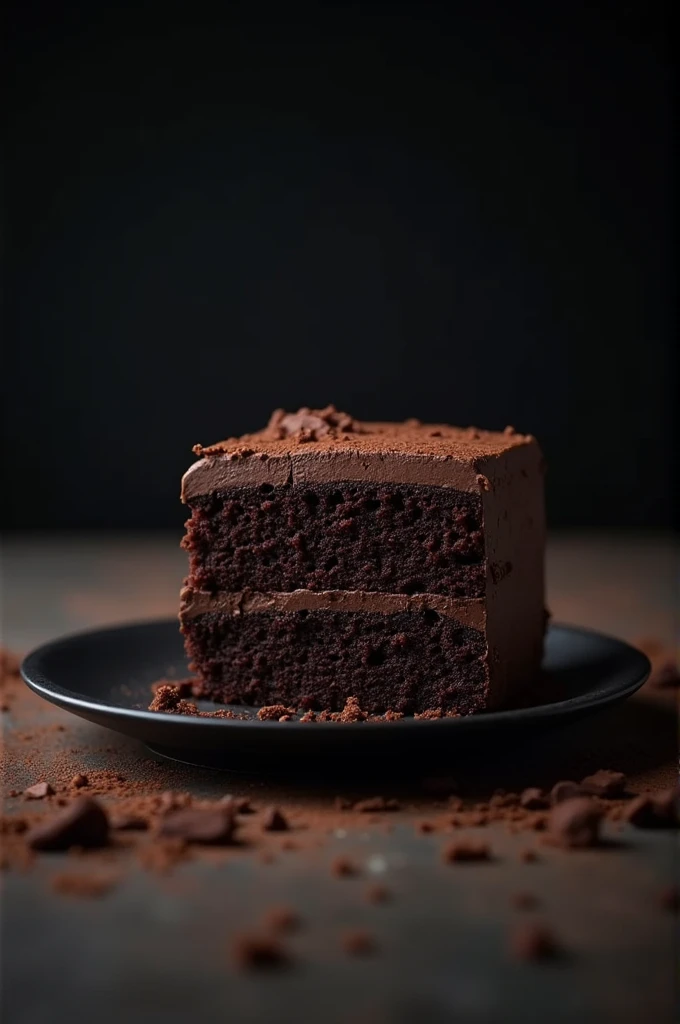 cinematic film still chocolate, chocolate cake, dark background, quality photo, moist texture, frosting, studio photo, slice . shallow depth of field, vignette, highly detailed, high budget, bokeh, cinemascope, moody, epic, gorgeous, film grain, grainy