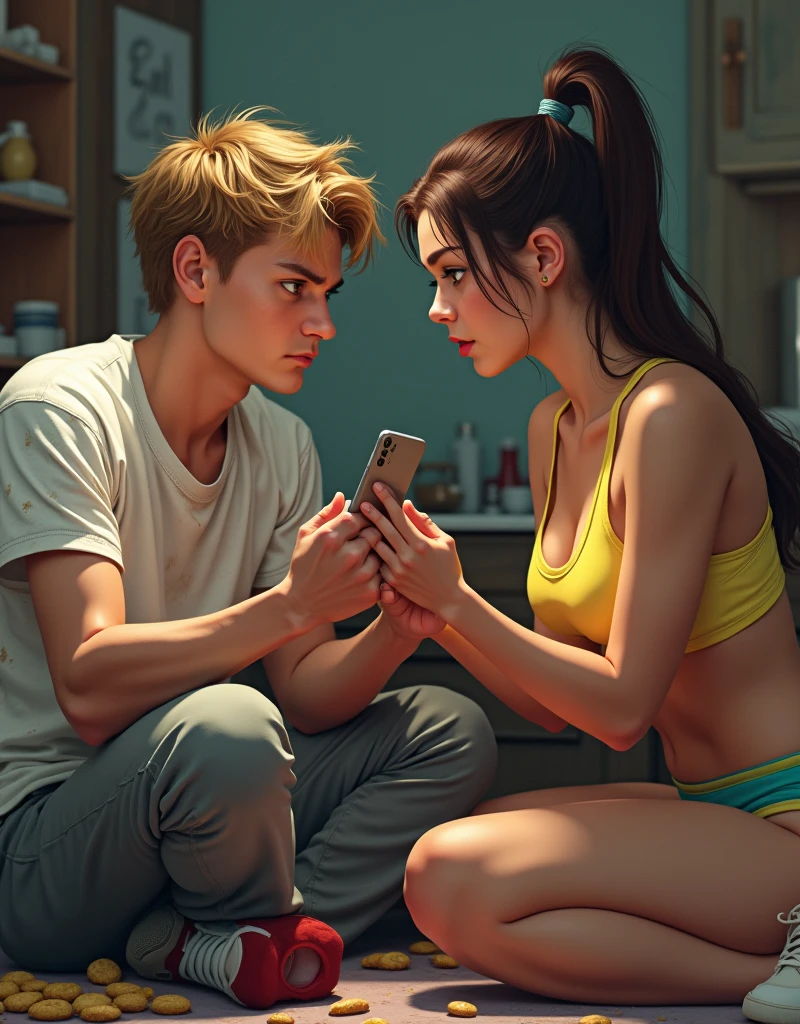 digital art, western artstyle, 21 years old angry man lying on the couch with a smart phone in his hands, angry women grabing smartpnove out of his hands,messy blonde hair, unshaved, wearing white t-shirt with fat spots, wearing old long grey pants, messy appartments,a lot of snacks lying on the ground, , fit tall women, 20 years old woman, deep green eyes, american natinality, beautiful face, femine body shape, perfect abs, pronounced musculature, pony tail haircut. deep brown hair, weariing luxury sports costume, bright yellow sports top, cian sports shorts, red and white women's sneakers, digital art, best quality, 8k, award winning, super detail, masterpiece, UHD
