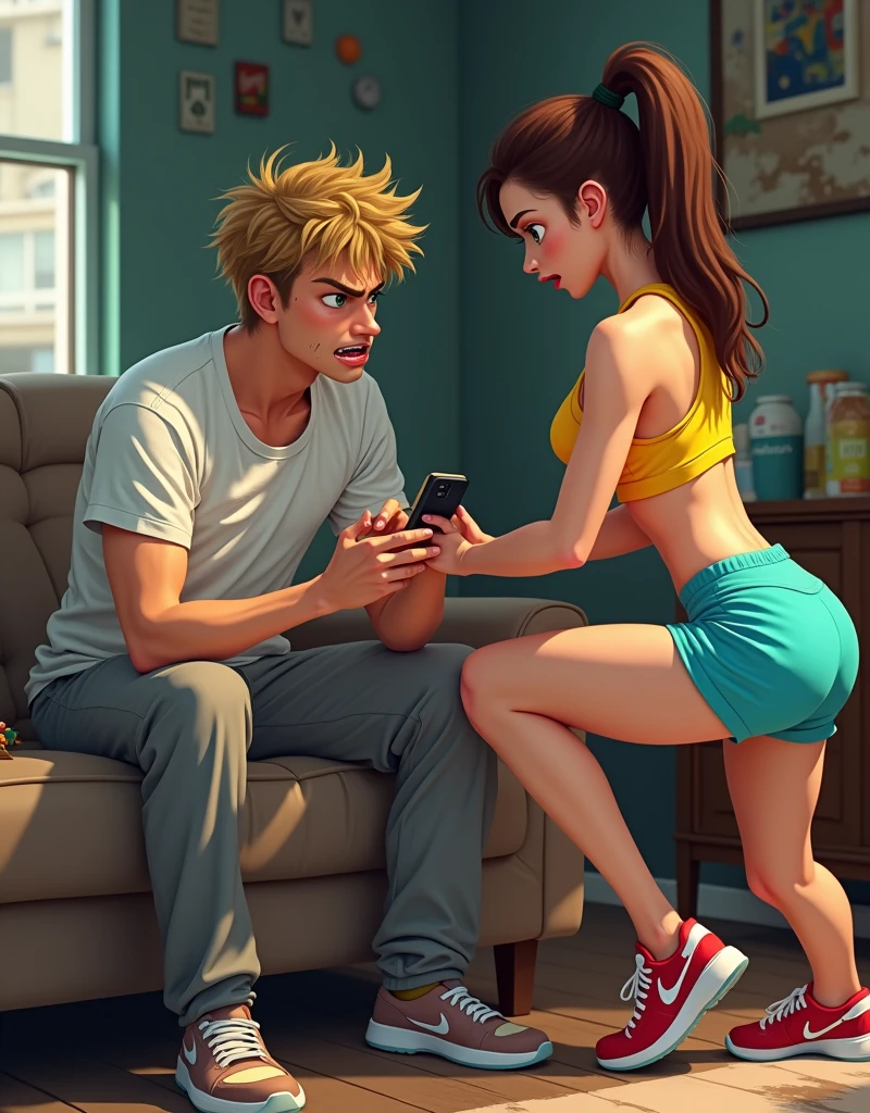 digital art, western artstyle, 21 years old angry man lying on the couch with a smart phone in his hands, angry women grabing smartpnove out of his hands,messy blonde hair, unshaved, wearing white t-shirt with fat spots, wearing old long grey pants, messy appartments,a lot of snacks lying on the ground, , fit tall women, 20 years old woman, deep green eyes, american natinality, beautiful face, femine body shape, perfect abs, pronounced musculature, pony tail haircut. deep brown hair, weariing luxury sports costume, bright yellow sports top, cian sports shorts, red and white women's sneakers, digital art, best quality, 8k, award winning, super detail, masterpiece, UHD