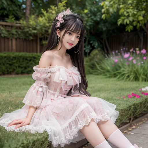 best quality, Delicate face，beautiful visual work, lifelike, eternity, black hair, Long curly hair, blunt bangs, Smile, Detailed Background, Delicate face，blush，cold，((masterpiece))、(top quality)、8k、high detail、Super detailed，31-year-old female，lolita dress, layered dress, Lots of bows on the dress,Pink dress,masterpiece、born、Scenes resembling fairy tale illustrations、intricate details和複雜的設計、Beautifully、magic、capricious、 Beautifully、Dream aesthetics、「𝓡𝓸𝓶𝓪𝓷𝓽𝓲𝓬、ethereal、charming、fickle、magic」、realism、Visual effects、FXAA、SSAO、Shader、voiceless、ambient lighting、Tone mapping、High resolution、Ultra high quality、Million pixels、(8K resolution:1.10)、8k、8k以下、8K resolution、high detail、intricate details， (high quality:1.2、masterpiece:1.2、:1.21)、(31-year-old female:1.21)、(興奮地Smile)、(被dreamy atmosphere所包圍、Model diagram，full-body shot，Normal 2 feet，Put your hands behind you，The protrusion of the breast is visible when wearing clothes, Large Breasts, H cup chest, in the garden,
Pink skirt, Pink loli dress, layered skirt, Lolita style long skirt,layered dress lace-trimmed 裙子, decorate, lace, Long sleeve, Wide sleeves, Detailed Background, White knee socks, pink shoes，Lots of lace，((​masterpiece))、(top quality)、8k、high detail、Super detailed、穿着Pink loli dress((dreamy atmosphere:1.1))，masterpiece、born、Scenes resembling fairy tale illustrations、intricate details展示了洛麗塔連身裙的荷葉邊和複雜的設計，Baotou shoes