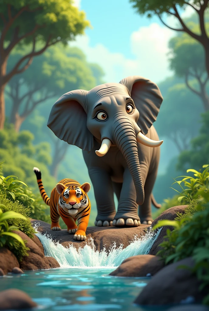 In cinematic 3D cartoon style. Elephant and Tiger in Action:Description: The elephant, with a wise and determined expression, uses its trunk to clear debris from a riverbed, while the tiger, agile and focused, navigates through the underbrush to find the source of the water. Both animals should look dynamic and cooperative.