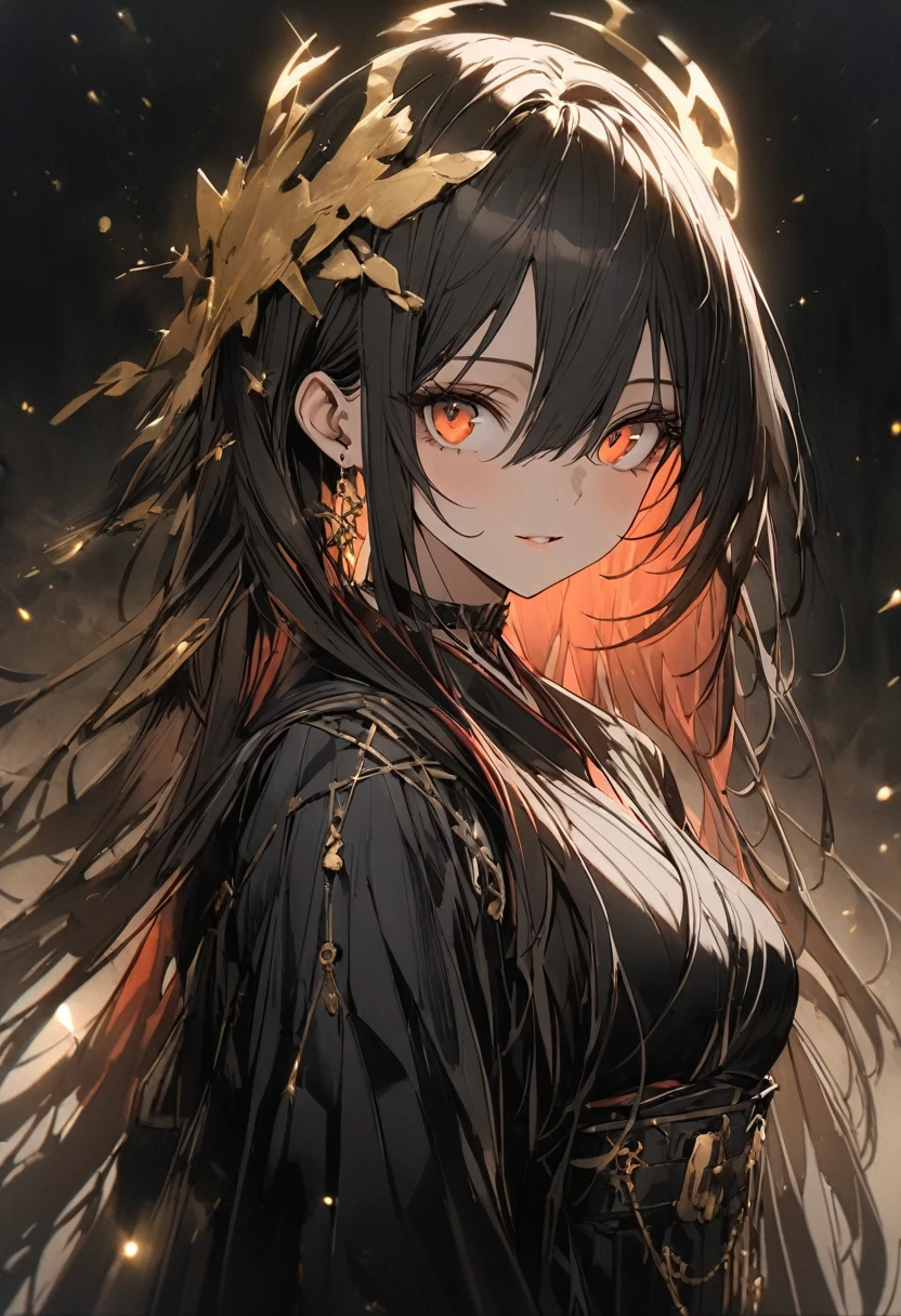 1 woman, striped hair, long black hair, hair between eyes, moles under the eyes, blank eyes, (surrounded by light particles and shimmering gold sparks that form an ethereal glowing Raionn silhouette above her head. The atmosphere is mysterious with soft lighting creating a magical ambiance.) high detail, conceptual art, japanese cartoon movies, (gothic art), masterpiece, super detail, high details, high quality, best quality