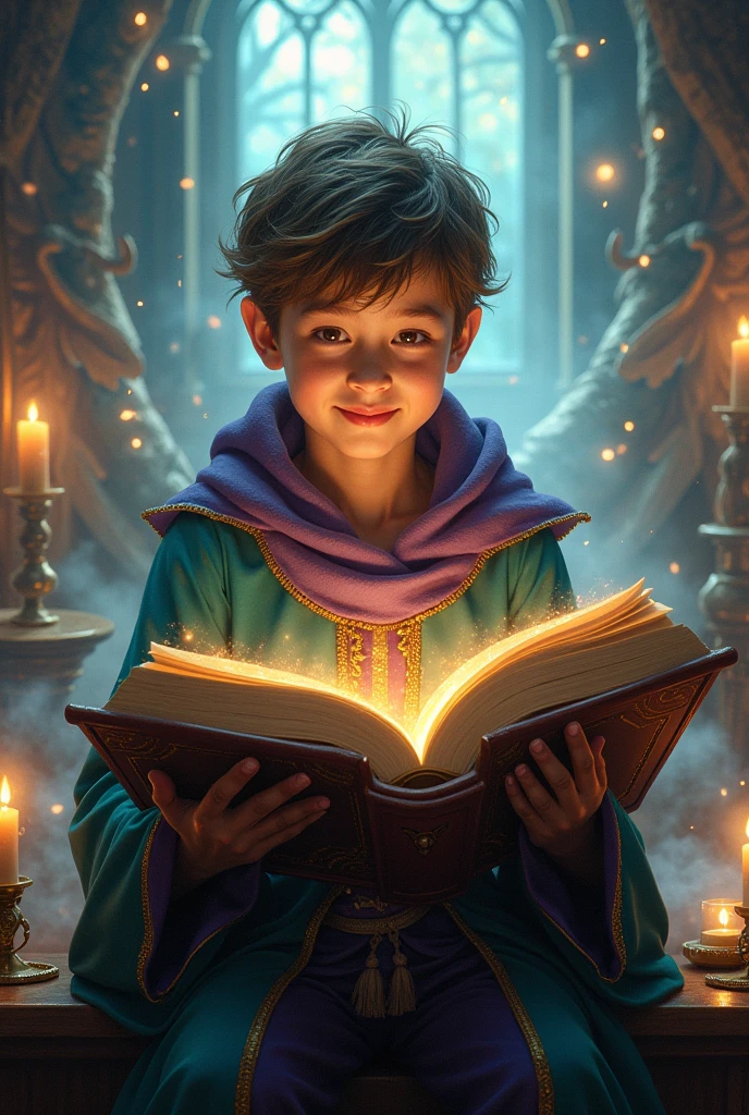 Pic of A ***** boy with a joyful expression, deeply engrossed in a large, ornate book. He wears a richly detailed, teal and purple robe with golden trim, suggesting he's a young sorcerer. Surrounding him are his imaginary scenarios like, He is getting a magic potion, he is diving in an ocean, he is fighting with dragon. hinting at the magical world bursting forth from the book. The scene is bathed in warm, inviting light, emanating from candles and magical sources alike, creating an atmosphere of wonder and enchantment.