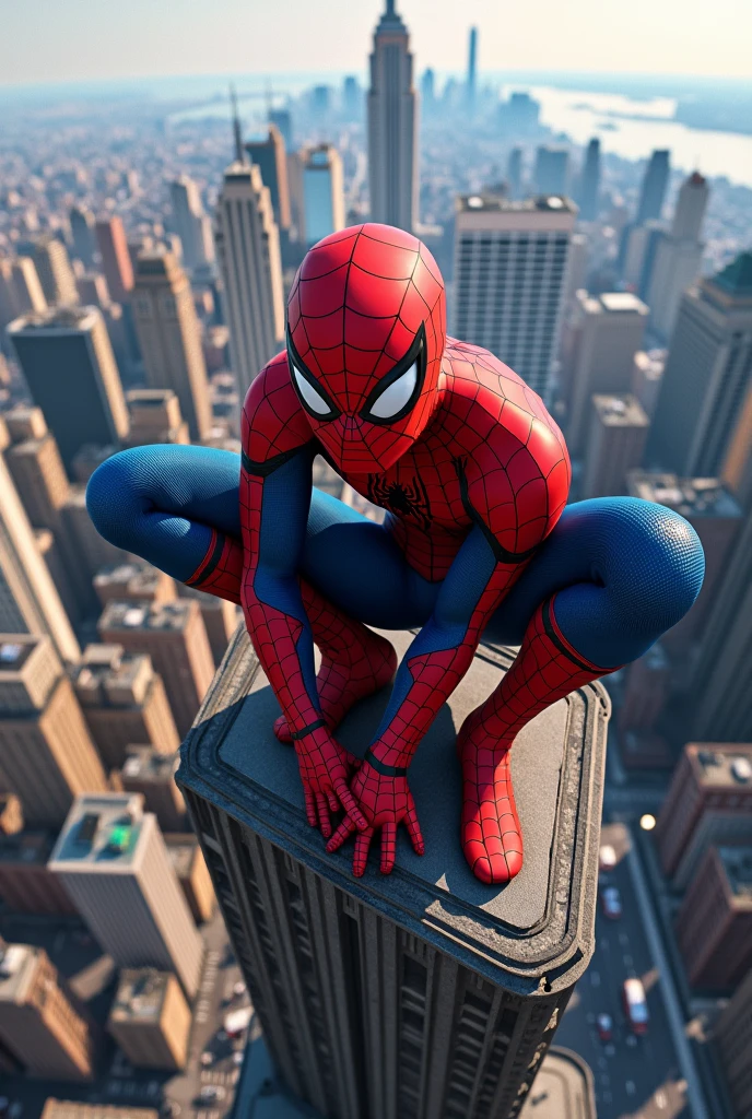 Generate a picture of Spiderman on a tower seeing new york city from there
