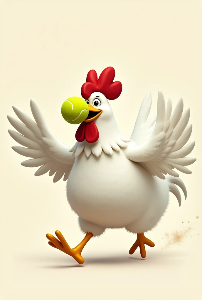 A fat white rooster running hard with animated tennis The same image but the rooster with tennis on