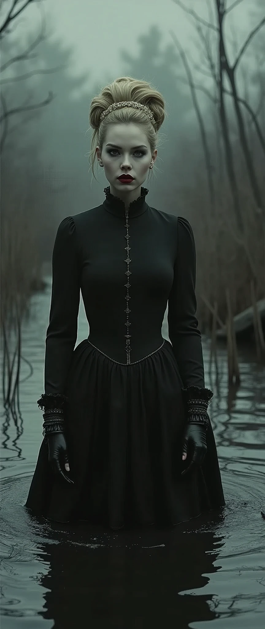 monochrome film, drama, stuck in bog,high-neck style, closed Puritan dress, short mini-dress, hips:1.2, high-neck dress, aristocratic hairstyle, stockings with garters, red lips, goth, aristocratic, gloves, artwork, blond