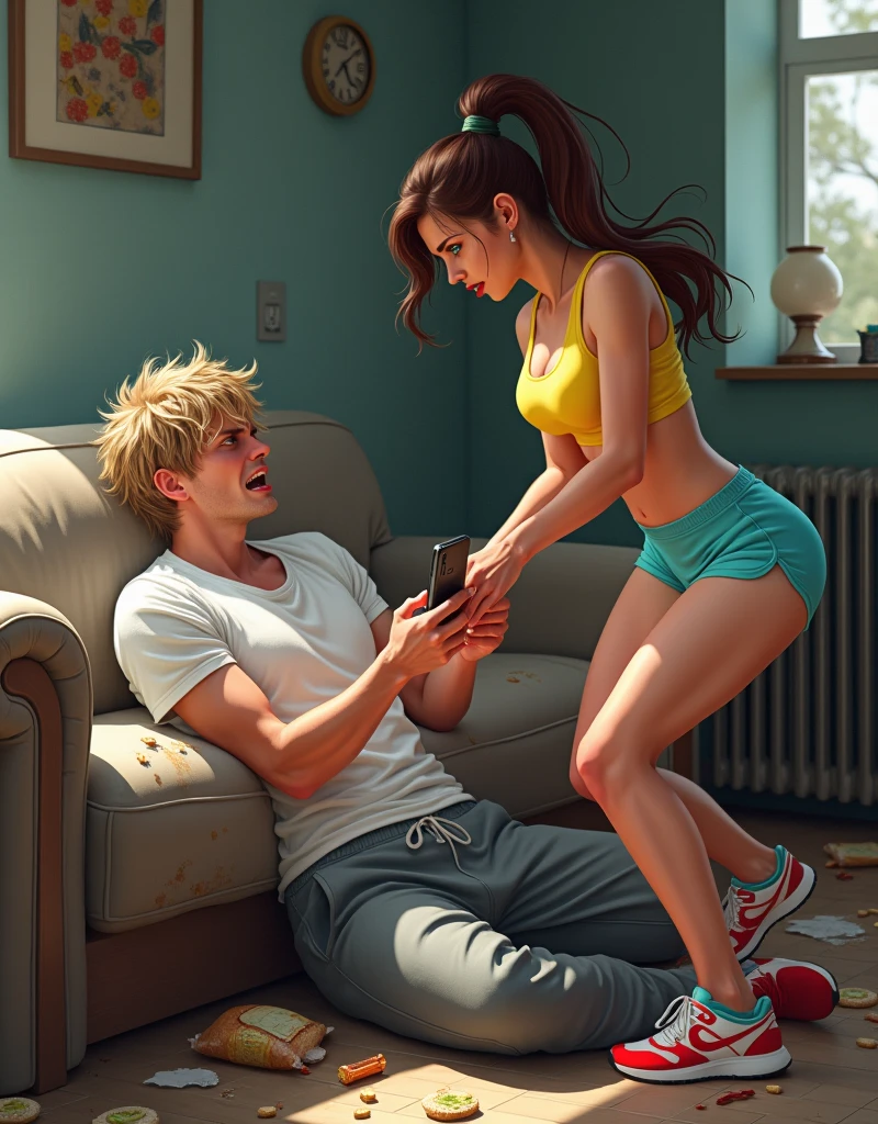 digital art, western artstyle, 21 years old angry man lying on the couch with a smart phone in his hands, angry women grabing smartpnove out of his hands,messy blonde hair, unshaved, wearing white t-shirt with fat spots, wearing old long grey pants, messy appartments,a lot of snacks lying on the ground, , fit tall women, 20 years old woman, deep green eyes, american natinality, beautiful face, femine body shape, perfect abs, pronounced musculature, pony tail haircut. deep brown hair, weariing luxury sports costume, bright yellow sports top, cian sports shorts, red and white women's sneakers, digital art, best quality, 8k, award winning, super detail, masterpiece, UHD