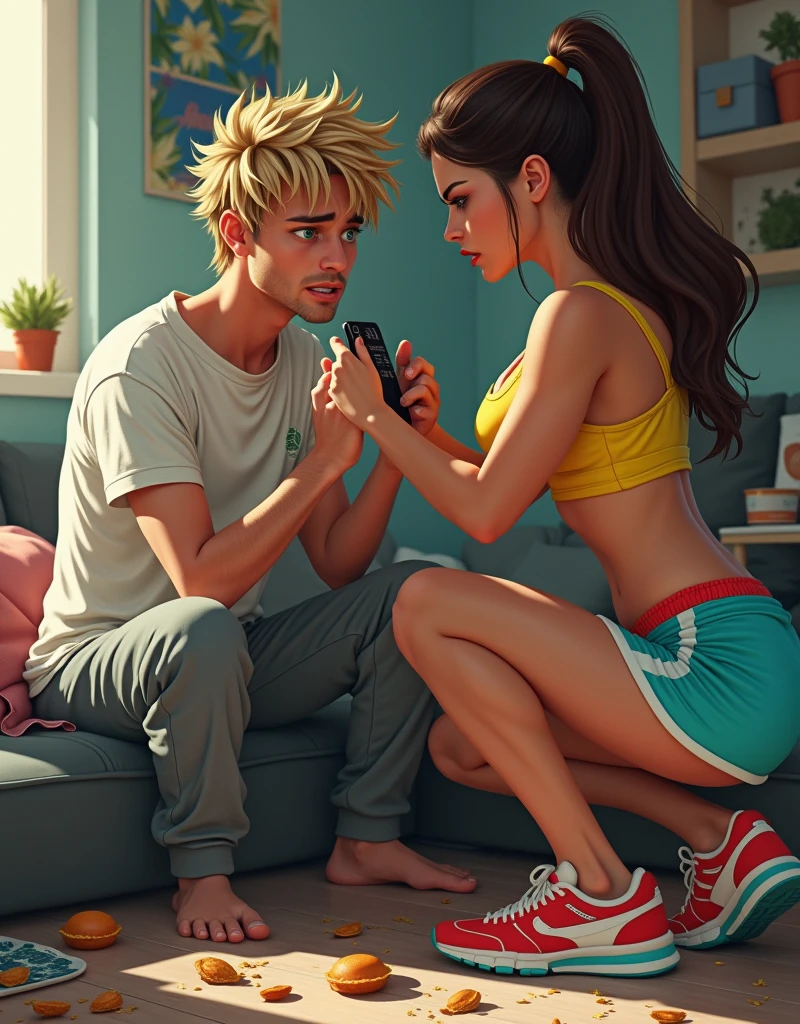 digital art, western artstyle, 21 years old angry man lying on the couch with a smart phone in his hands, angry women grabing smartpnove out of his hands,messy blonde hair, unshaved, wearing white t-shirt with fat spots, wearing old long grey pants, messy appartments,a lot of snacks lying on the ground, , fit tall women, 20 years old woman, deep green eyes, american natinality, beautiful face, femine body shape, perfect abs, pronounced musculature, pony tail haircut. deep brown hair, weariing luxury sports costume, bright yellow sports top, cian sports shorts, red and white women's sneakers, digital art, best quality, 8k, award winning, super detail, masterpiece, UHD
