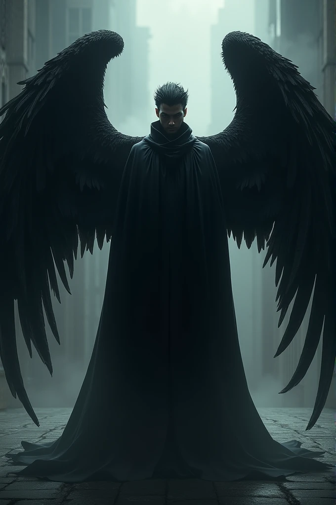 creates an image of a dark angel with imposing wings and exposed anatomical details, standing in a majestic posture on an ancient marble floor. The stage is lit by dim light filtering through broken stained glass windows in a ruined cathedral.. The overall tone conveys a mix of dark power and ancient mystery.. The angel wings are large and detailed, with almost realistic feathers. The angel is standing with both arms extended to the sides., as if invoking a dark heavenly power. The dim light emits a soft glow that slightly illuminates the angel's head.. The color palette consists of dark and muted tones., predominantly black and dark blue. The wings are pearly black., contrasting with the dark background. The angel's skin is a grayish tone, almost translucent, standing out in the gloomy surroundings. The floor is a black and white marble pattern, and the lighting is soft and diffuse, creating deep shadows and a mysterious atmosphere. The background is dark and hazy, adding an air of introspection and mystery to the scene, recalling the intense and supernatural atmosphere of 'Constantine'.