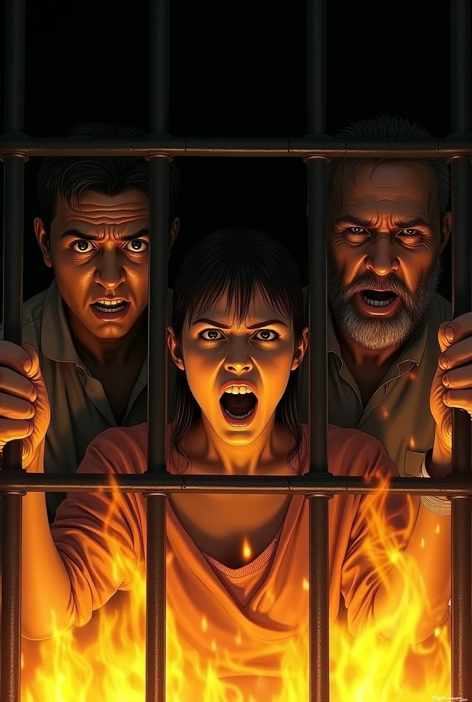 Create me a 750 x 1334 image Where the image is divided into 3 vertically, that the bottom part turns yellow and simulates flames coming out like a fire, The top part will be black, which is where the future title will go, and in the middle part there are several prison inmates holding the bars of their cells while they burn.