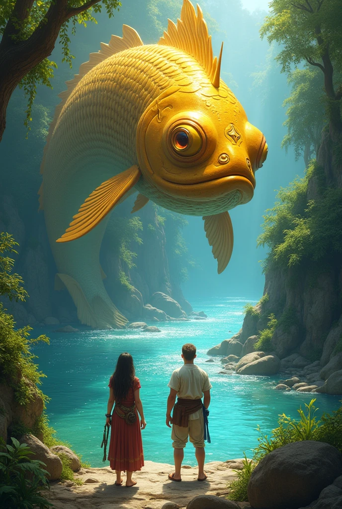 Following the trail, Pedro and Laura arrived at a sparkling river, guarded by a golden elder fish, of hybrid structure like humanoid.
The fish challenged them to a riddle to cross the river.