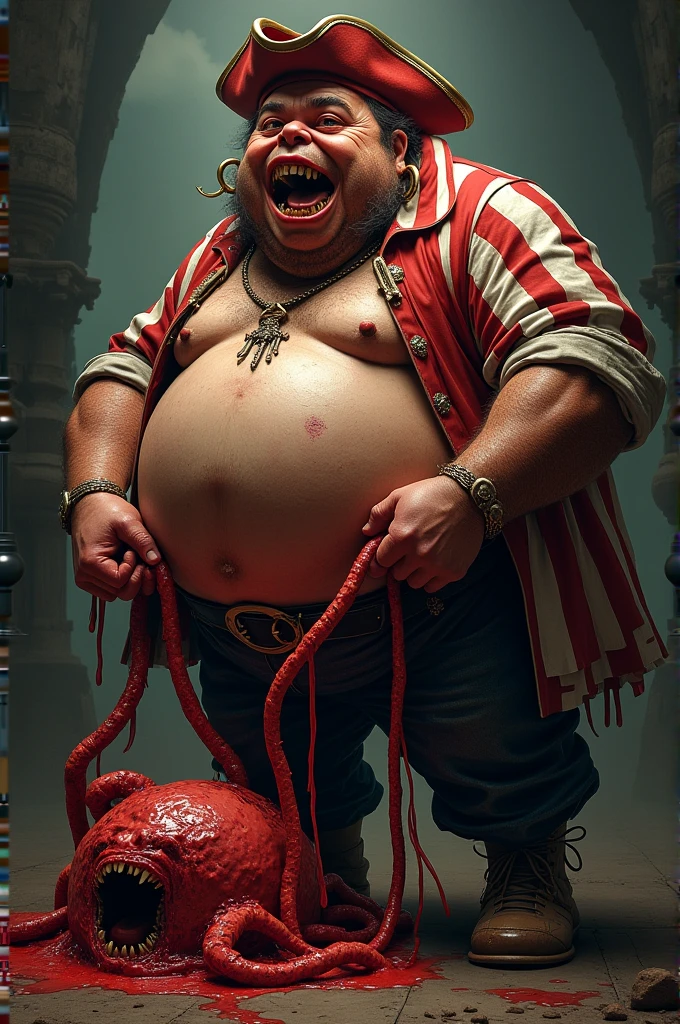 Create a fat pirate in a red and white striped shirt, This pirate has a red cap on his head and rings on his ears. He will be twisting the guts of his victims.