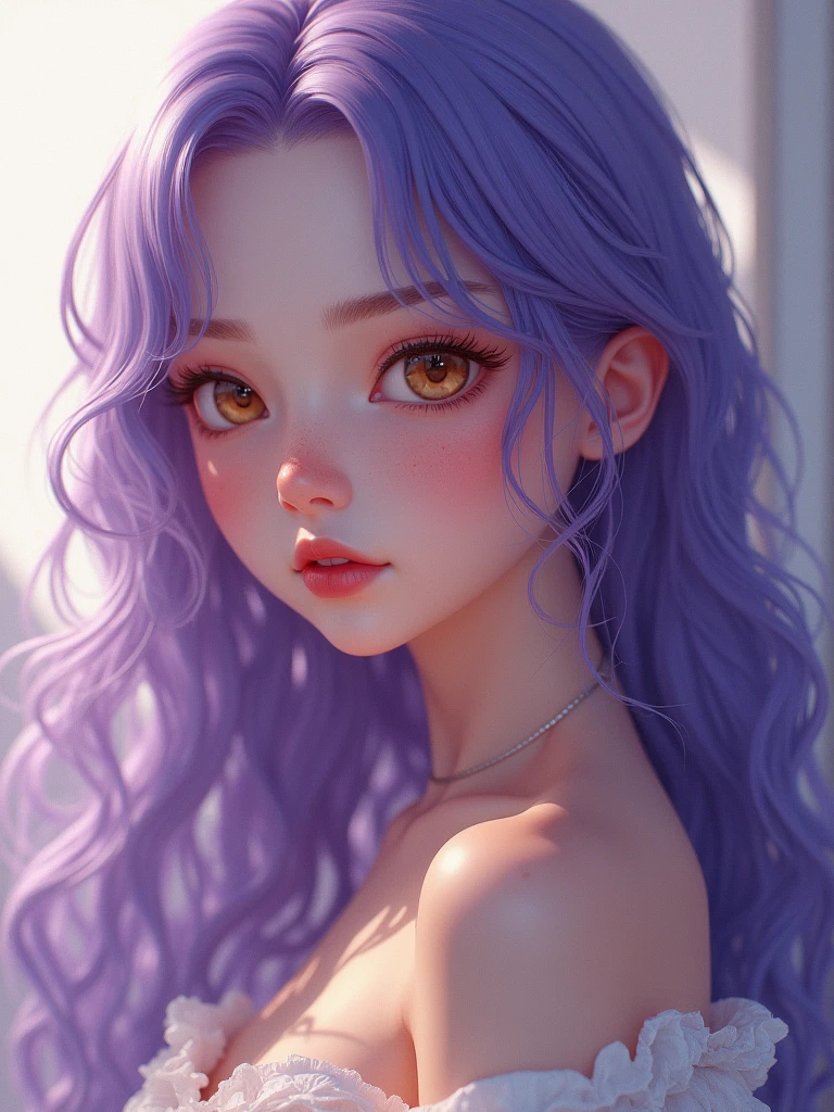 Create an ultra-realistic cute girl with long purple hair, honey-colored eyes, and a light skin tone