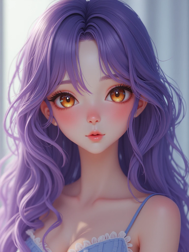 Create an ultra-realistic cute girl with long purple hair, honey-colored eyes, and a light skin tone