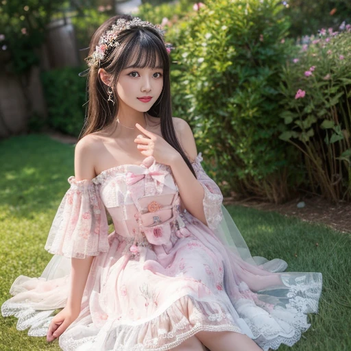 best quality, Delicate face,beautiful visual work, lifelike, eternity, black hair, Long curly hair, blunt bangs, Smile, Detailed Background, Delicate face,blush,cold,((masterpiece))、(top quality)、8k、high detail、Super detailed,31-year-old female, dress, layered dress, Lots of bows on the dress,Pink dress,masterpiece、born、Scenes resembling fairy tale illustrations、intricate details和複雜的設計、Beautifully、magic、capricious、 Beautifully、Dream aesthetics、「𝓡𝓸𝓶𝓪𝓷𝓽𝓲𝓬、ethereal、charming、fickleic」、realism、Visual effects、FXAA、SSAO、Shader、voiceless、ambient lighting、Tone mapping、High resolution、Ultra high quality、Million pixels、(8K resolution:1.10)、8k、8k以下、8K resolution、high detail、intricate details, (high quality:1.2、masterpiece:1.2、:1.21)、(31-year-old female:1.21)、(興奮地Smile)、(被dreamy atmosphere所包圍、Model diagram,full-body shot,Normal 2 feet,Put your hands behind you,The protrusion of the breast is e when wearing clothes, Large Breasts, H cup cn the garden,
Pink skirt, Pink loli dress, layered skiLolita style long skirt,layress lace-trimmed 裙子, decorate, lace, Long sleeve, Wide sleeves, Detailed Background, White knee socks, pink shoes,Lots of lace,((masterpiece))、(top quality)、8k、high detail、Super detailed、穿着Pink loli dress((dreamy atmosphere:1.1asterpiece、born、Scenes resembling fairy tale illustrations、intricate details展示了洛麗塔連身裙的荷葉邊和複雜的設計,Baotou shoes
