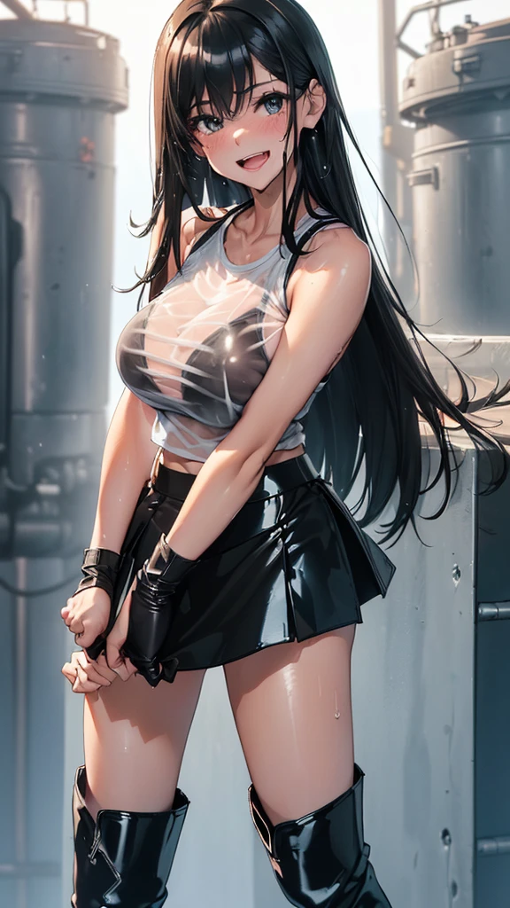 1 female,black hair,25 years old,(((blue shiny micro tight skirt)))((white tank top))(((blush、open mouth smile)),(((straight hair))),(((portrait))),crowd,,(wet with sweat)((sexy black bra and see-through tank top))(leather thigh high boots)(((big breasts)))