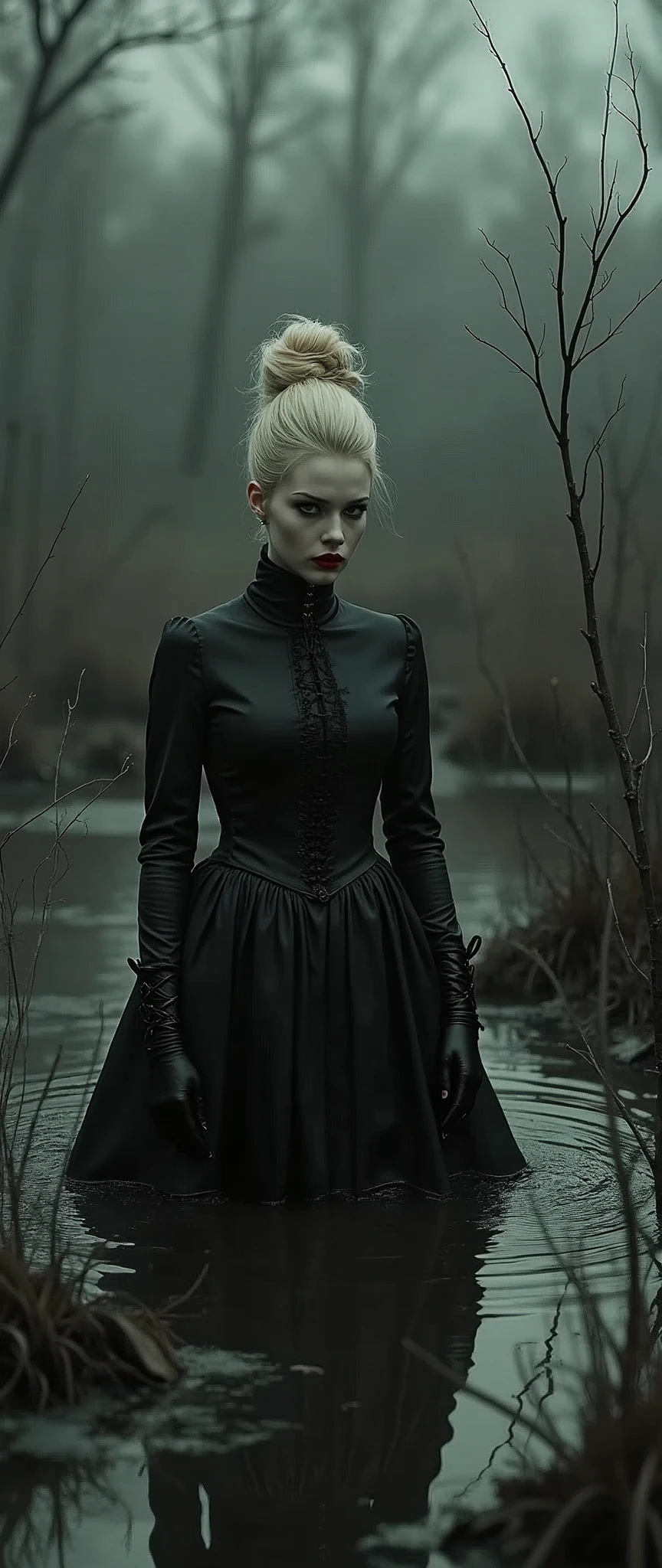 monochrome film, drama, stuck in bog,high-neck style, closed Puritan dress, short mini-dress, hips:1.2, high-neck dress, aristocratic hairstyle, stockings with garters, red lips, goth, aristocratic, gloves, artwork, blond