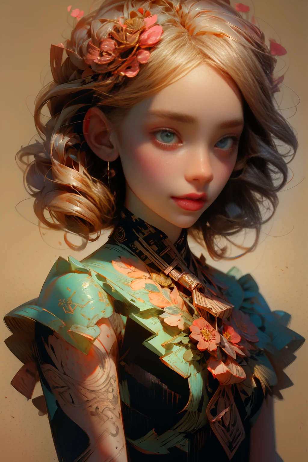 Charlie Bowater realistic Lithography sketch portrait of a woman, flowers, [gears], pipes, dieselpunk, multi-colored ribbons, old  texture, highly detailed