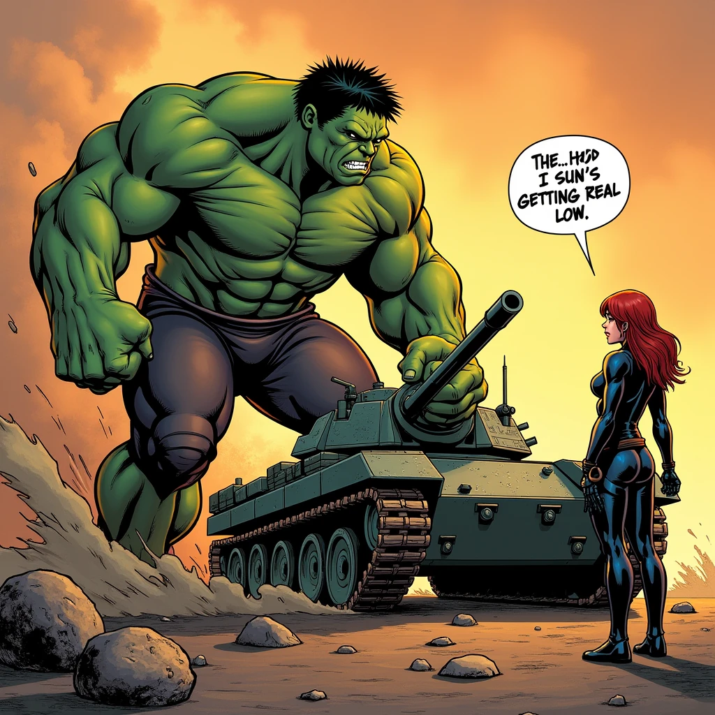 Hulk smashing an Armored Tank with his bare hands, while black widow is standing calmly , a talking bubble to her right which says "The sun’s getting real low"