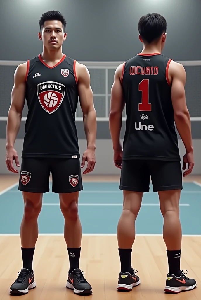 Model of a sleeveless volleyball shirt with shorts showing front and back, a shield with a volleyball written galacticos and 5 sponsors and dark colors