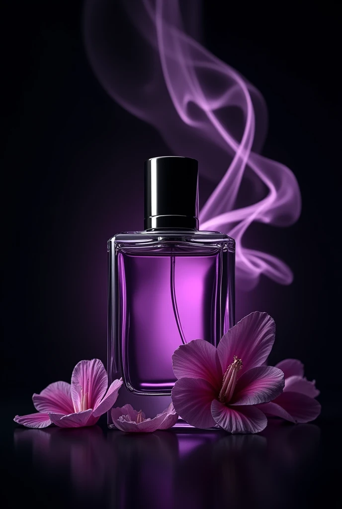 purple perfume with floral aroma and black background and swirl of flowers background