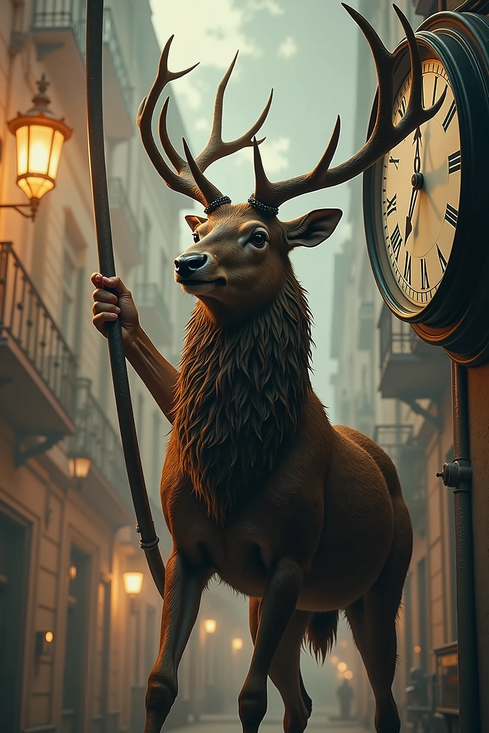 A powerful deer holding a steel pipe, one hand pointing at a clock, detailed intricate fur, realistic high definition, cinematic lighting, vibrant colors, dramatic composition, photorealistic, 8K, best quality, masterpiece